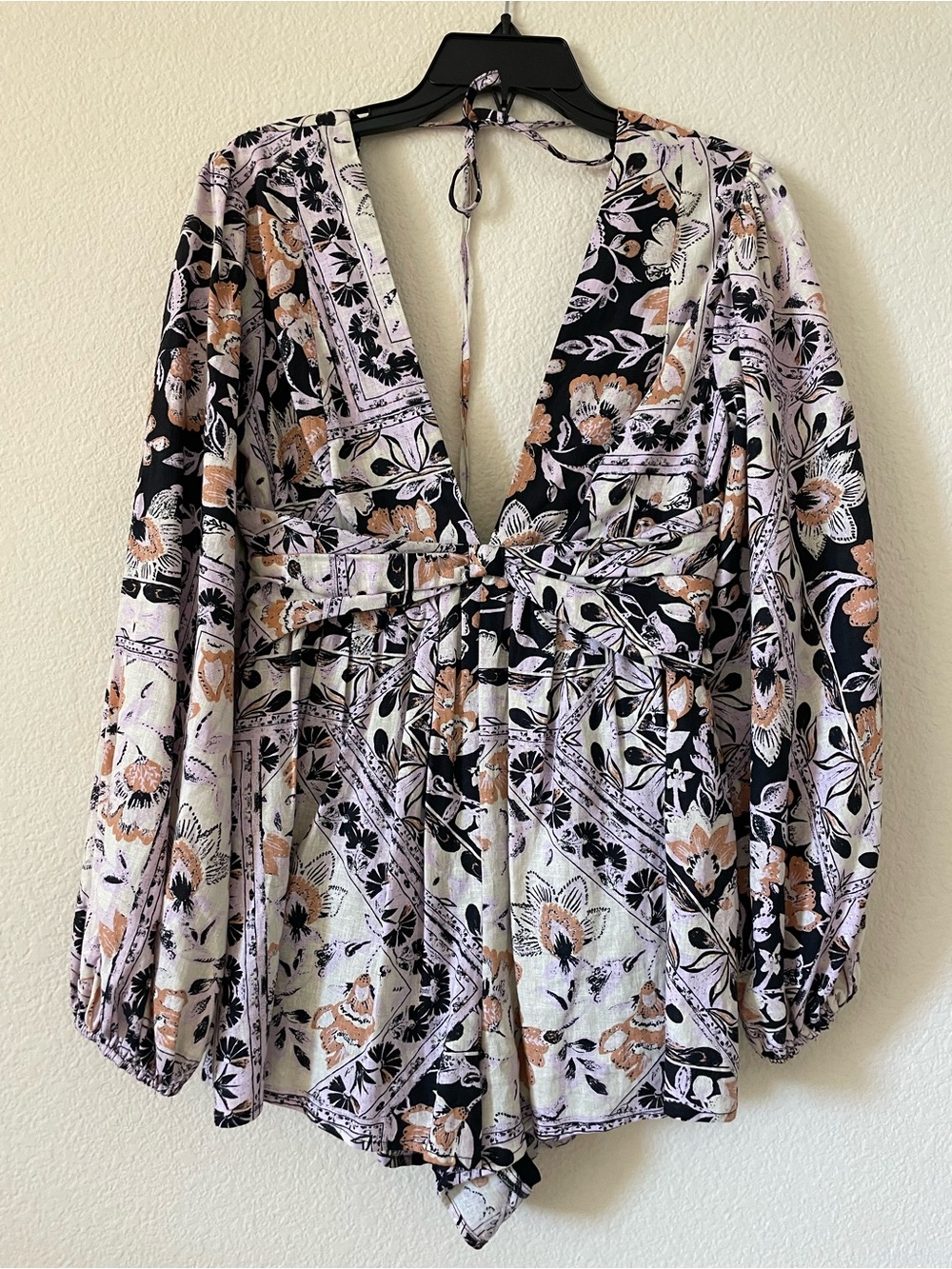 Free People Floral V-Neck Long Sleeve Romper Top - Black, Lavender, Blush